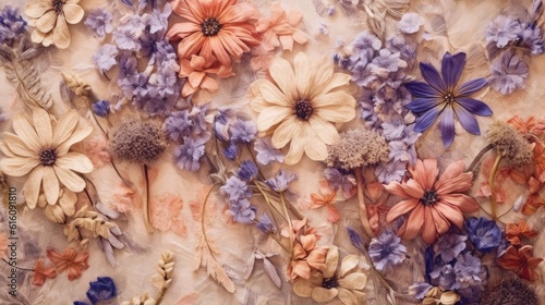 Fototapeta Naklejka Na Ścianę i Meble -  Floral background. Dry flowers 3d wallpaper vetor. Floral abstraction light background illustration. Soft delicate floral printable pattern. Dried flower pattern. Decor interiors. Generative ai.