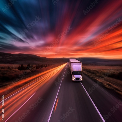 A semi truck driving down a road. Generative AI