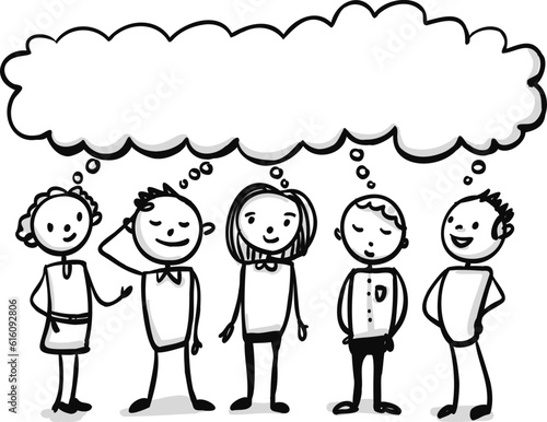 Team of men and women having ideas together in a big cloudy thought bubble - sketch note style digital hand-drawn vector illustration