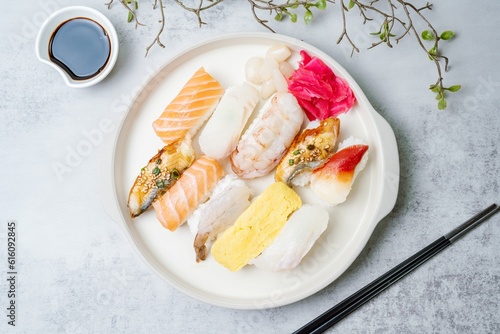 Fresh Japanese food sushi dishes on white plates