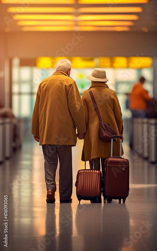 An elderly couple seen from behind walks through the airport with their suitcases, ready for a well-deserved and relaxing journey