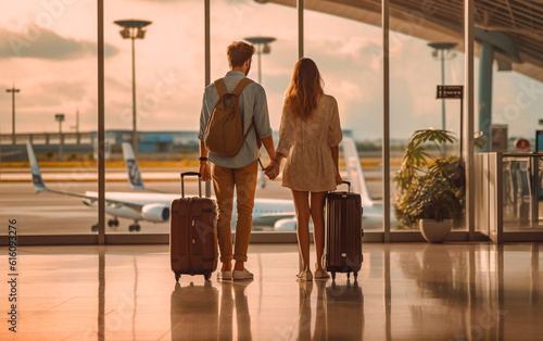 An young couple seen from behind walks through the airport with their suitcases, ready for a well-deserved and relaxing journey