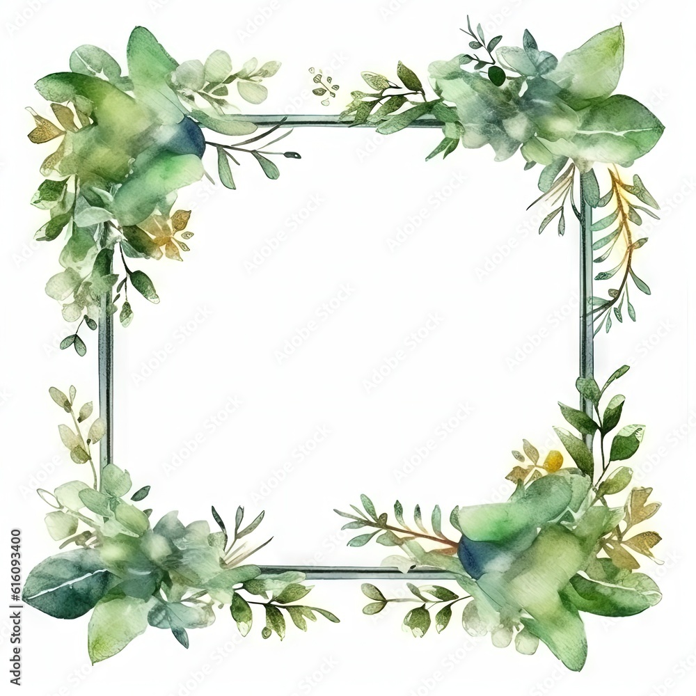 Fototapeta premium Watercolor decorative frame. Abstract background. Invitation, advertisement, thanks. Ornamental leaves. Generative AI.