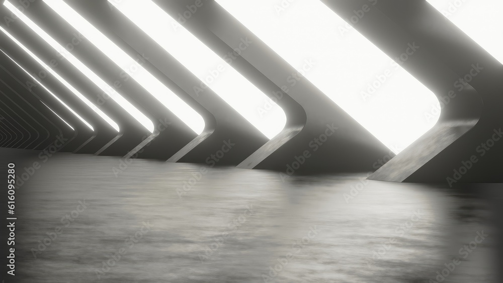 Naklejka premium 3d rendering of dark abstract sci-fi tunnel with empty concrete floor, Futuristic spaceship corridor.