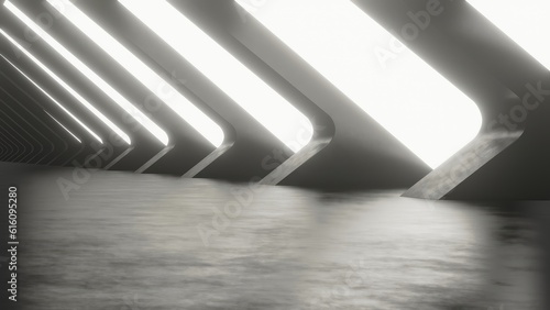 3d rendering of dark abstract sci-fi tunnel with empty concrete floor, Futuristic spaceship corridor.