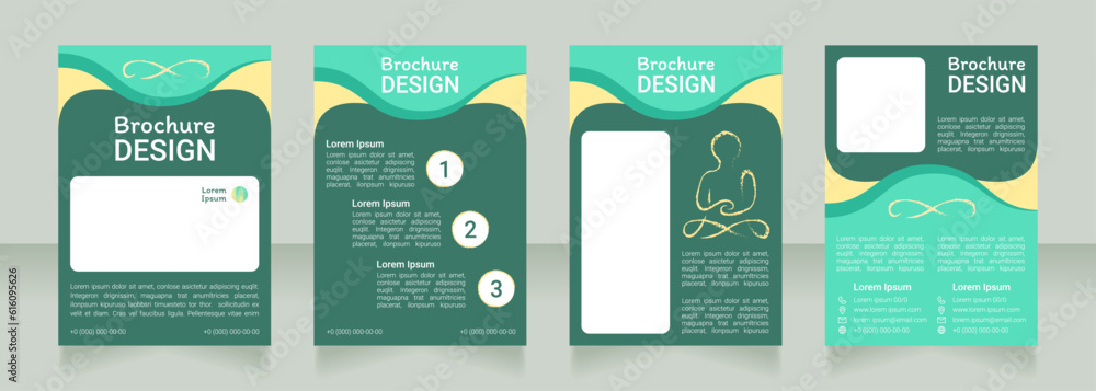 Harmony from meditation blank brochure design. Template set with copy space for text. Premade corporate reports collection. Editable 4 paper pages. Roboto Light, Medium, Itim Regular fonts used