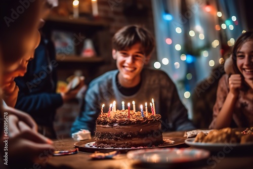 A young man celebrates his birthday with a cake and a group of friends. Generative Ai