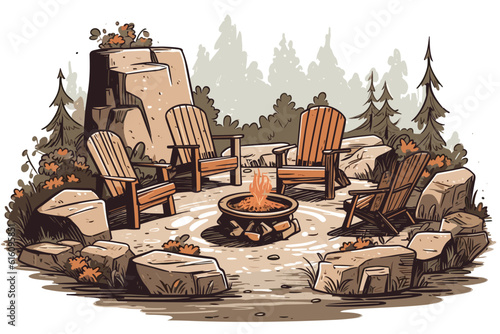 Fire axe on a log backyard fire pit relax vector art illustration on white background.