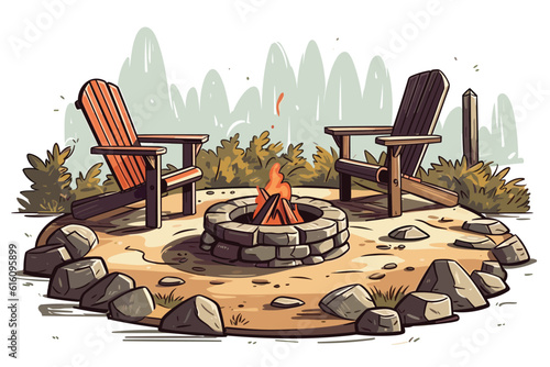 Fire axe on a log backyard fire pit relax vector art illustration on white background.