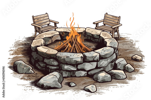 Fire axe on a log backyard fire pit relax vector art illustration on white background.