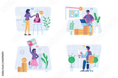 NFT set concept with people scene in the flat cartoon style. Young workers develop NFT objects and digitize them. Vector illustration.