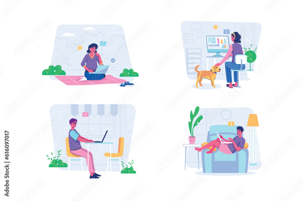 Freelance set concept with people scene in the flat cartoon design. Young people chose freelancing as a way to earn money. Vector illustration.