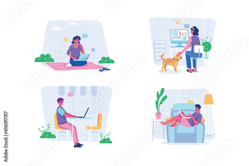 Freelance set concept with people scene in the flat cartoon design. Young people chose freelancing as a way to earn money. Vector illustration.