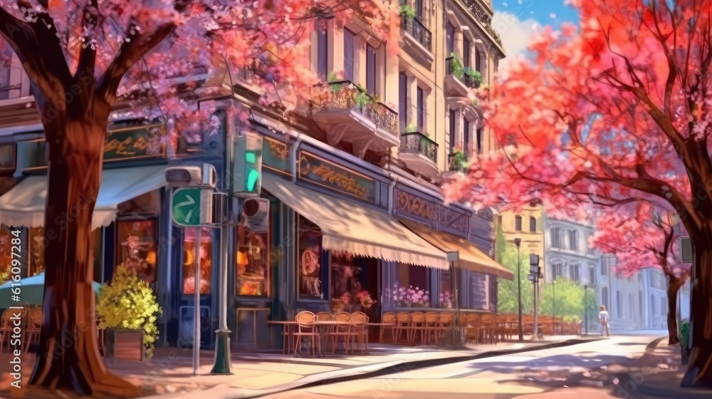In the city, a street view has a Parisian cafe. (Illustration, Generative AI) In the city, a street view has a Parisian cafe. (Illustration, Generative AI)