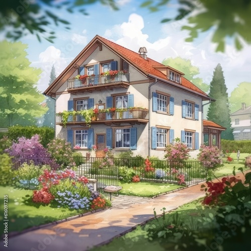 A beautiful German house with a garden in city photography. (Illustration, Generative AI)