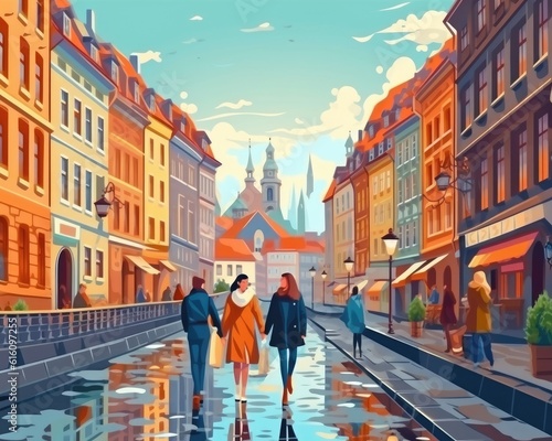 The concept is travel: students and tourists walk old Europe. (Illustration, Generative AI)