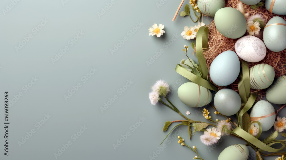 Easter poster and banner template showcasing a nest filled with Easter eggs on a soothing light green background. Generative ai