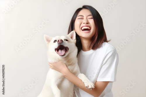 Papier peint Tシャツを着た女性と愛犬　with generative ai