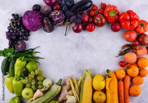 Assortment of rainbow color vegetables and fruits