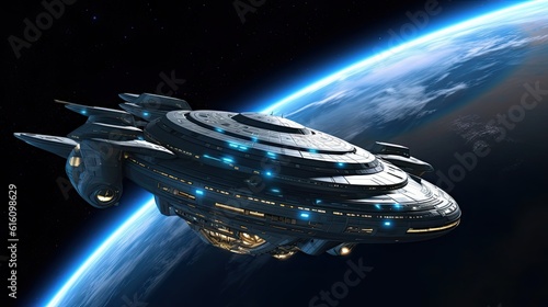 Fotografia futuristic luxury space ship cruiser in outer space background wallpaper, Genera