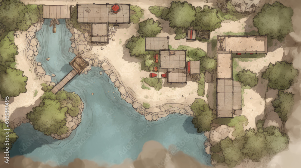 fantasy fishing village rpg top down view map asset - by generative ai