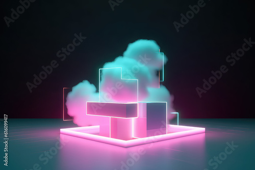 Fototapeta Naklejka Na Ścianę i Meble -  Creative geometric abstraction with fluffy cloud and a pink neon glowing cube of lines. Digital wallpaper, cloud services. Generative AI 3d render illustration.