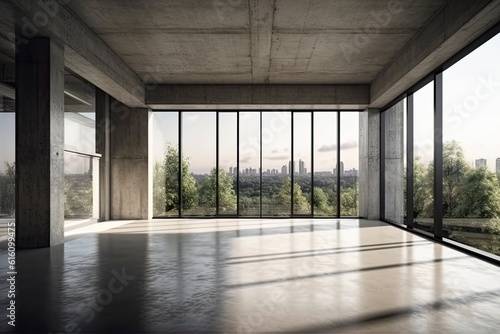 Modern concrete interior with panoramic view