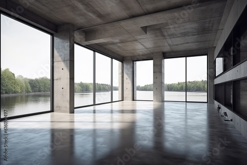 Modern concrete interior with panoramic view