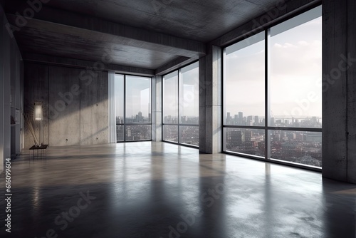 Modern concrete interior with panoramic view