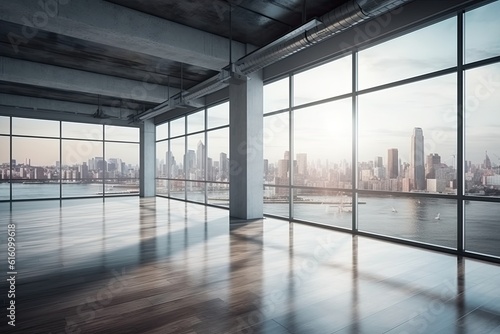 Modern concrete interior with panoramic view