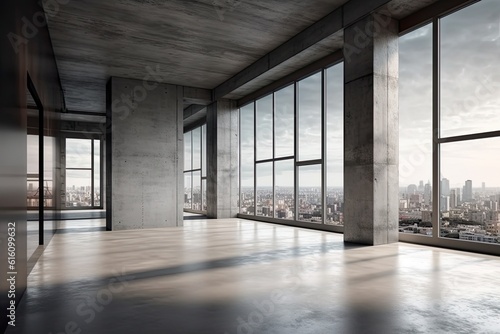 Modern concrete interior with panoramic view