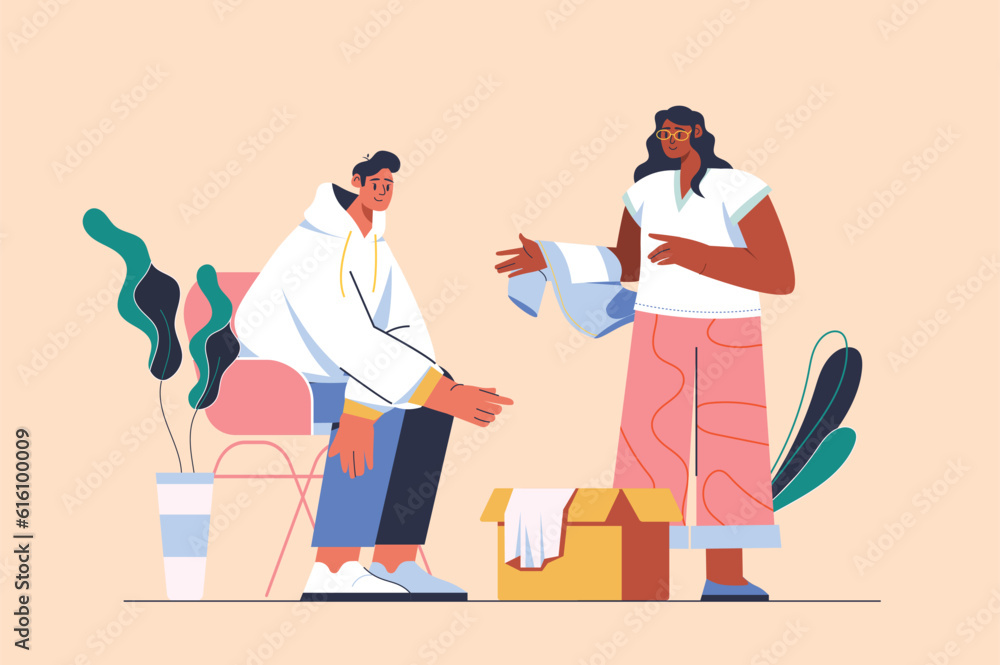 Donation concept with people scene in the flat cartoon design. A young couple collects unwanted clothes to give to people in need. Vector illustration. Donation concept with people scene in the flat cartoon design. A young couple collects unwanted clothes to give to people in need. Vector illustration.