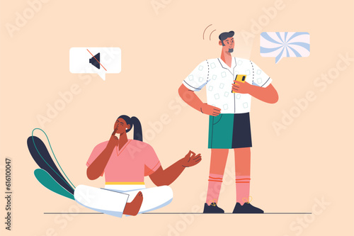 Digital detox concept with people scene in the flat cartoon style. Friends decided to take a break from mobile gadgets. Vector illustration.