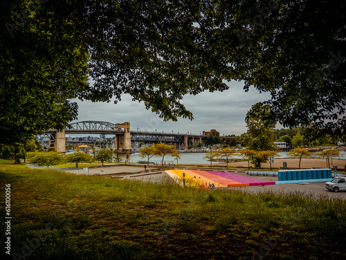 View of Burrard Bridge and English Bay Beach in Vancouver, Canada