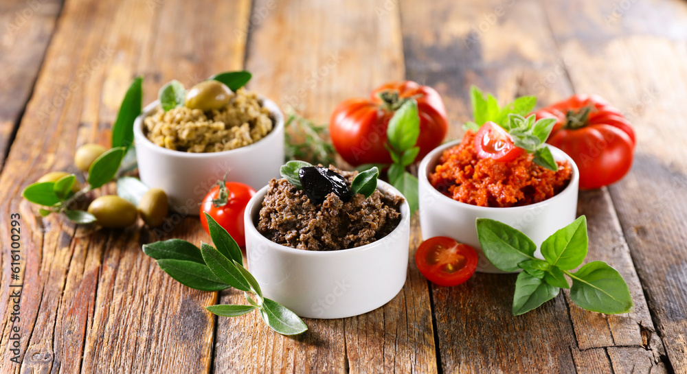assorted of various tapenade, olive spread- mediterranean food assorted of various tapenade, olive spread- mediterranean food