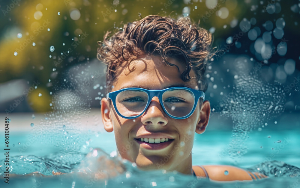 Fototapeta premium A teenager enjoy in the pool. Happy and smiling