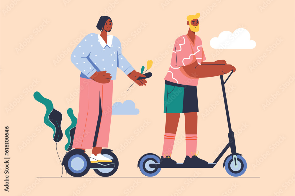 Ecological transport concept with people scene in the flat cartoon style. Friends move around the city on ecological transport. Vector illustration. Ecological transport concept with people scene in the flat cartoon style. Friends move around the city on ecological transport. Vector illustration.
