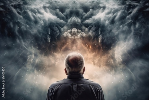 Anxious Man Amidst Brooding Clouds. Generative AI
