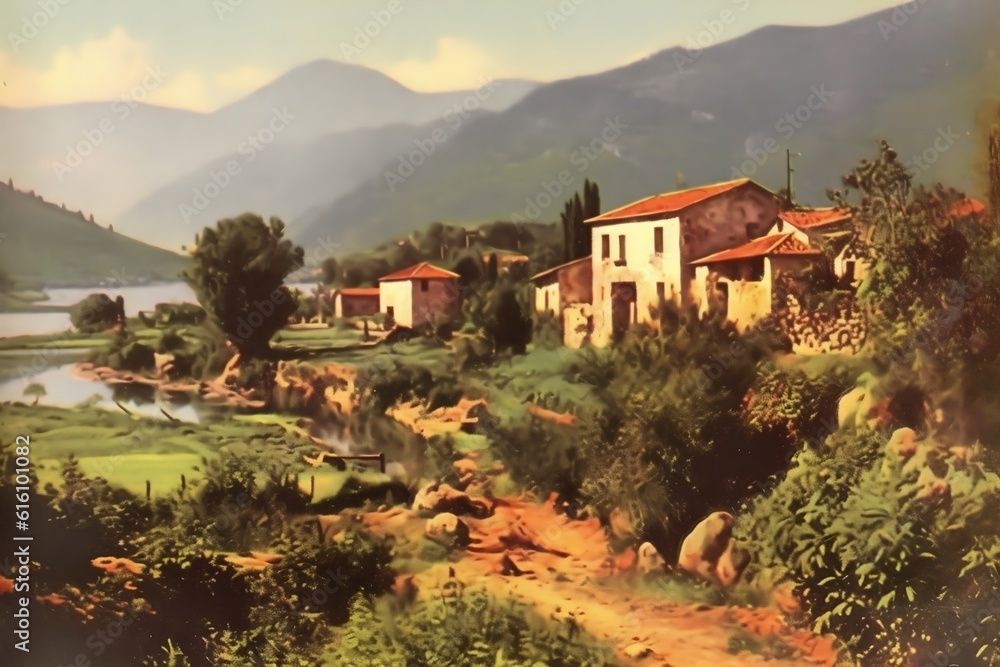 Sunny Italian Vintage Postcard Retro Landscape. Generative AI