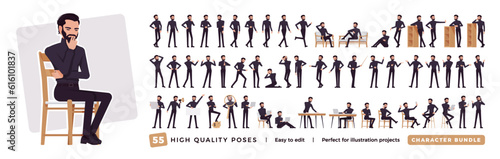 Business handsome latino man, male character set, bundle. Confident beard manager, black turtleneck, poses, emotions, office situations. Vector flat style cartoon character isolated, white background