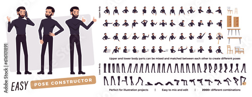 Business latino man character easy pose constructor. Office boy drag drop set, male black turtleneck body match, figure building. Vector flat style cartoon construction kit isolated, white background