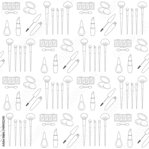 Make up line icons of different cosmetic products. Vector seamless pattern. Black line elements on white background. Best for textile  wrapping paper  package and home decoration.