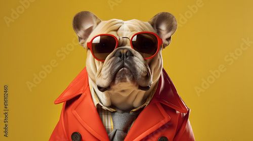 Cool looking Bulldog dog wearing sunglasses and red funky fashion dress - jacket, glasses. Yellow theme background. Stylish animal posing as supermodel. Generative AI © Ranchana