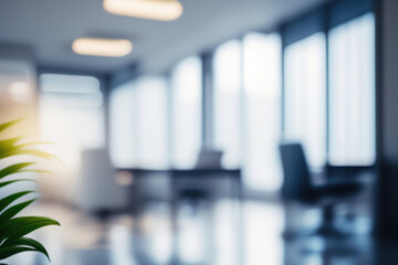 Beautiful blurred background of a light modern office interior with panoramic windows and beautiful lighting.