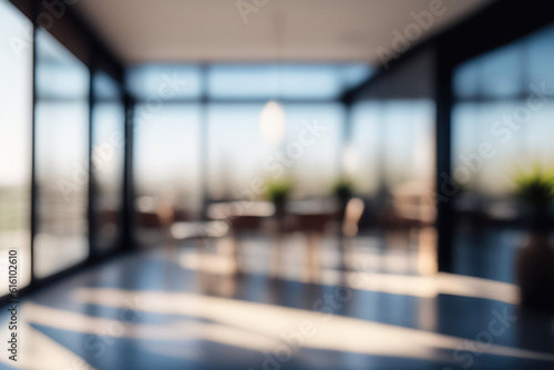 Fototapete Beautiful blurred background of a light modern office interior with panoramic windows and beautiful lighting