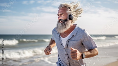 senior hipster man with headphones running on the beach © carballo