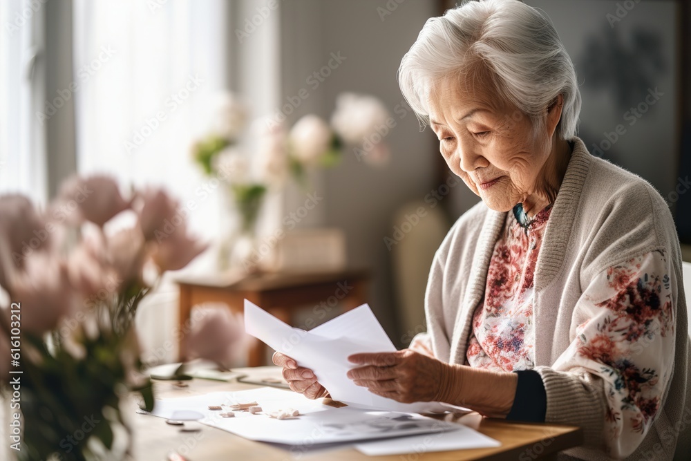 Elderly asian granny is reading her birthday greeting card. Generative Ai Elderly asian granny is reading her birthday greeting card. Generative Ai