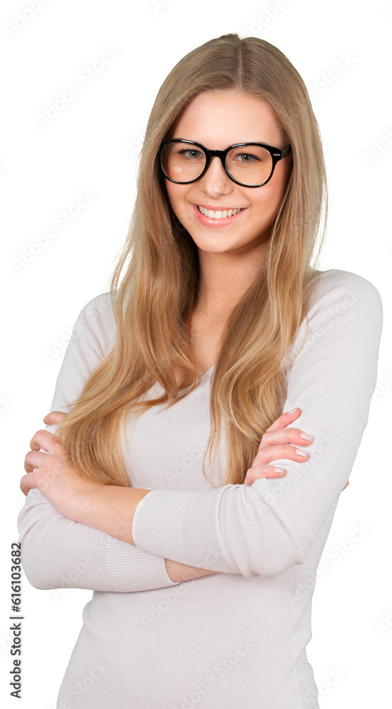 Smiling Woman Standing with Glasses and Crossed Arms - Isolated Smiling Woman Standing with Glasses and Crossed Arms - Isolated