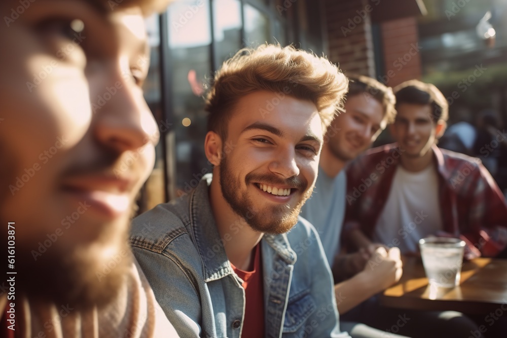 man young cafe happy fun lifestyle friend friendship together drink smiling group coffee shop table talking bar student generative ai man young cafe happy fun lifestyle friend friendship together drink smiling group coffee shop table talking bar student generative ai
