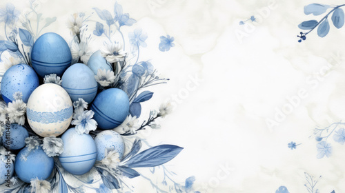 Happy Easter template adorned with an enchanting display of blue and white rustic floral eggs on a dotted background. elegant design. place for text. Generative ai